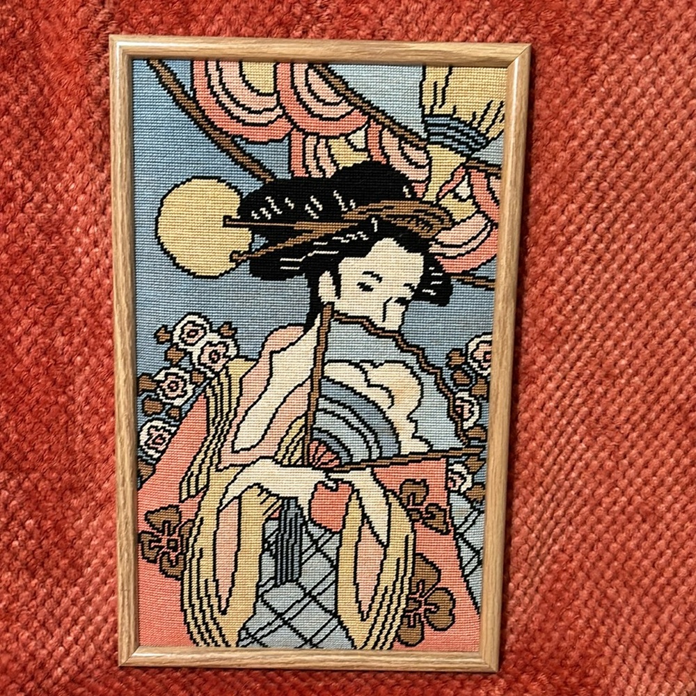 Vintage Lovely Asian Lady Framed Needlepoint